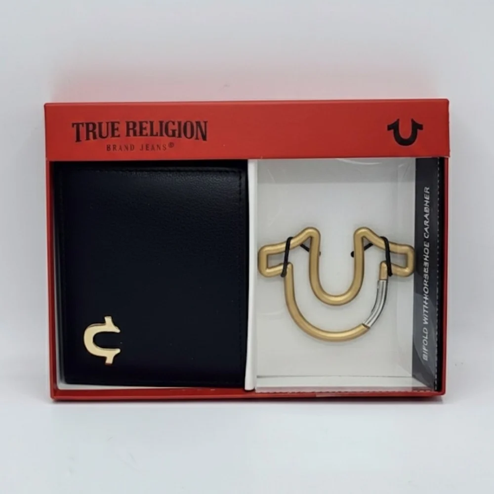 NIB True Religion Altro Bifold Wallet & Gold Horseshoe Carabiner Gift Set